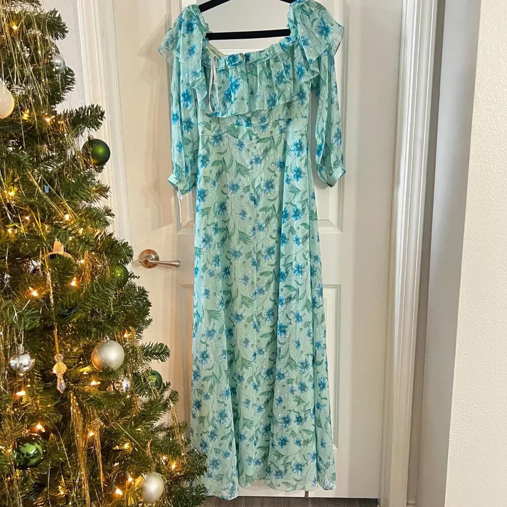 103 NWT Mikael Aghal Long Sleeve Floral Maxi Dress Size 6 Color Blue Green - Picture 7 of 7
